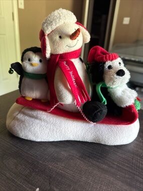 Hallmark Jingle Pals singing plush Penguin, Snowman and dog on sled. Works
